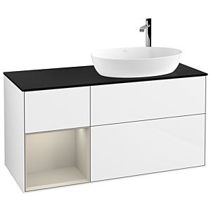 Villeroy und Boch Finion Waschtischunterschrank F922HHGF 120cm, Abdeckplatte black matt, Regale sand matt lacquer, Glossy white lacquer