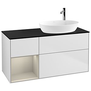 Villeroy und Boch Finion Waschtischunterschrank F922HHMT 120cm, Abdeckplatte black matt, Regale sand matt lacquer, White matt lacquer
