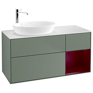 Villeroy und Boch Finion Waschtischunterschrank F931HBGM 120cm, Abdeckplatte white matt, Regale Peony matt lacquer, Olive Matt Lacquer
