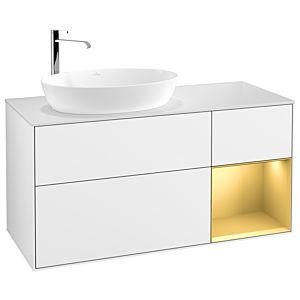 Villeroy et Boch Finion Villeroy et Boch F931HFGF 120cm, plaque de recouvrement blanc mat, étagères laqué or mat, laqué blanc brillant