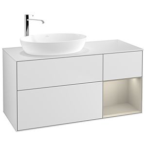Villeroy und Boch Finion Waschtischunterschrank F931HHMT 120cm, Abdeckplatte white matt, Regale sand matt lacquer, White matt lacquer
