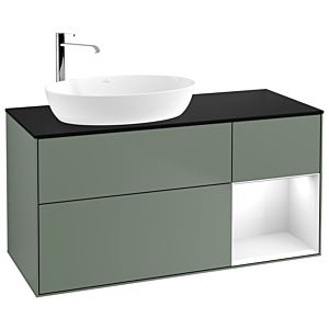 Villeroy und Boch Finion Waschtischunterschrank F932GFGM 120cm, Abdeckplatte black matt, Regale Glossy white lacquer, Olive Matt Lacquer