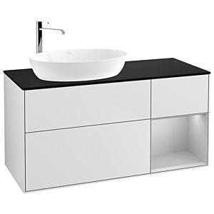 Villeroy und Boch Finion Waschtischunterschrank F932GJMT 120cm, Abdeckplatte black matt, Regale Light grey matt lacquer, White matt lacquer