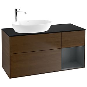 Villeroy und Boch Finion Waschtischunterschrank F932HGGN 120cm, Abdeckplatte black matt, Regale Midnight matt lacquer, Walnut veneer