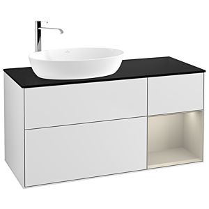 Villeroy und Boch Finion Waschtischunterschrank F932HHMT 120cm, Abdeckplatte black matt, Regale sand matt lacquer, White matt lacquer