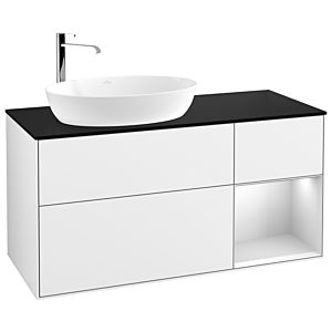 Villeroy und Boch Finion Waschtischunterschrank F932MTGF 120cm, Abdeckplatte black matt, Regale White matt lacquer, Glossy white lacquer