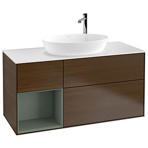 Villeroy et Boch Finion Villeroy et Boch F941GMGN 120cm, plaque de recouvrement blanc mat, étagères laqué olive mat, placage noyer
