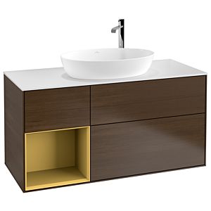 Villeroy und Boch Finion Waschtischunterschrank F941HFGN 120cm, Abdeckplatte white matt, Regale Gold matt lacquer, Walnut veneer