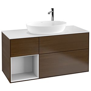 Villeroy und Boch Finion Waschtischunterschrank F941MTGN 120cm, Abdeckplatte white matt, Regale White matt lacquer, Walnut veneer
