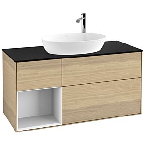 Villeroy et Boch Finion Villeroy et Boch F942GFPC 120cm, plaque de recouvrement noir mat, étagères Laque blanche brillante, Oak Veneer