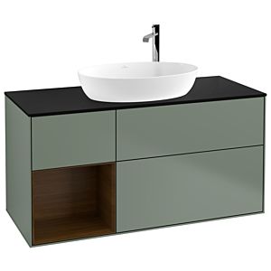 Villeroy und Boch Finion Waschtischunterschrank F942GNGM 120cm, Abdeckplatte black matt, Regale Walnut Veneer, Olive Matt Lacquer