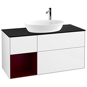 Villeroy et Boch Finion Villeroy et Boch F942HBGF 120cm, plaque de recouvrement noire mate, étagères en laque matte Peony , laqué blanc brillant