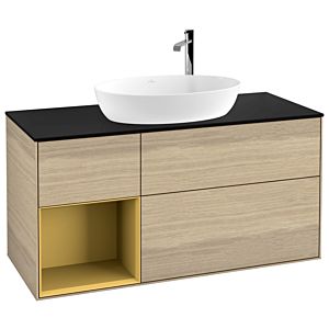 Villeroy et Boch Finion Villeroy et Boch F942HFPC 120cm, plaque de recouvrement noir mat, étagères laqué mat or, Oak Veneer