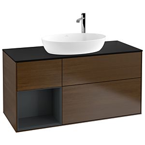 Villeroy und Boch Finion Waschtischunterschrank F942HGGN 120cm, Abdeckplatte black matt, Regale Midnight matt lacquer, Walnut veneer