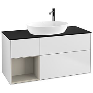 Villeroy und Boch Finion Waschtischunterschrank F942HHMT 120cm, Abdeckplatte black matt, Regale sand matt lacquer, White matt lacquer