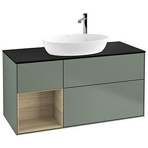 Villeroy und Boch Finion Waschtischunterschrank F942PCGM 120cm, Abdeckplatte black matt, Regale Oak Veneer, Olive Matt Lacquer