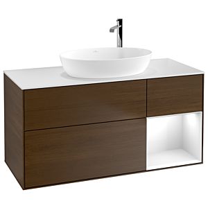 Villeroy et Boch Finion Villeroy et Boch F951GFGN 120cm, plaque de recouvrement blanc mat, étagères Laque blanc brillant, placage noyer