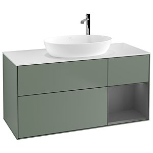 Villeroy und Boch Finion Waschtischunterschrank F951GKGM 120cm, Abdeckplatte white matt, Regale Anthracite matt lacquer, Olive Matt Lacquer