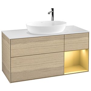 Villeroy und Boch Finion Waschtischunterschrank F951HFPC 120cm, Abdeckplatte white matt, Regale Gold matt lacquer, Oak Veneer
