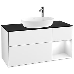 Villeroy et Boch Finion Villeroy et Boch F952GFGF 120cm, plaque de recouvrement noir mat, étagères Laque blanche brillante, Laque blanche brillante