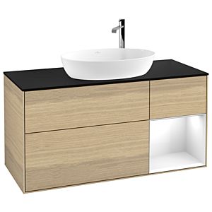Villeroy und Boch Finion Waschtischunterschrank F952GFPC 120cm, Abdeckplatte black matt, Regale Glossy white lacquer, Oak Veneer