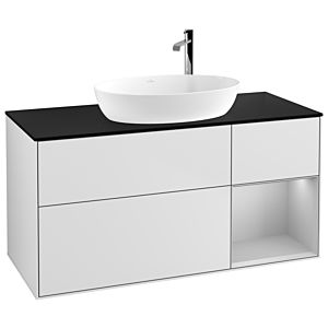 Villeroy und Boch Finion Waschtischunterschrank F952GJMT 120cm, Abdeckplatte black matt, Regale Light grey matt lacquer, White matt lacquer