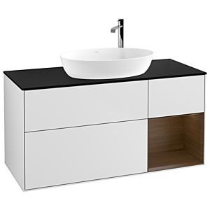 Villeroy und Boch Finion Waschtischunterschrank F952GNMT 120cm, Abdeckplatte black matt, Regale Walnut Veneer, White matt lacquer