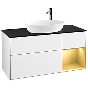 Villeroy und Boch Finion Waschtischunterschrank F952HFGF 120cm, Abdeckplatte black matt, Regale Gold matt lacquer, Glossy white lacquer