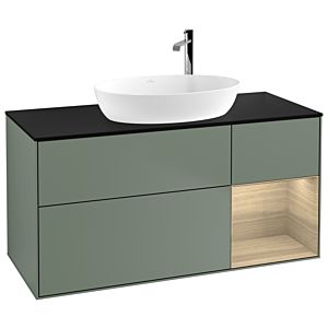 Villeroy und Boch Finion Waschtischunterschrank F952PCGM 120cm, Abdeckplatte black matt, Regale Oak Veneer, Olive Matt Lacquer