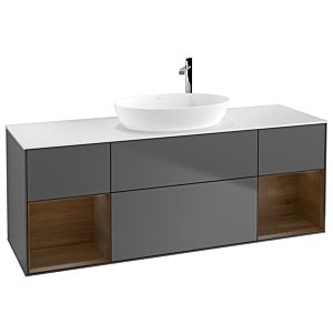 Villeroy und Boch Finion Waschtischunterschrank F981GNGK 160cm, Abdeckplatte white matt, Regale Walnut Veneer, Anthracite matt