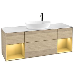 Villeroy und Boch Finion Waschtischunterschrank F981HFPC 160cm, Abdeckplatte white matt, Regale Gold matt lacquer, Oak Veneer