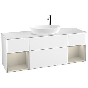 Villeroy und Boch Finion Waschtischunterschrank F981HHGF 160cm, Abdeckplatte white matt, Regale sand matt lacquer, Glossy white lacquer