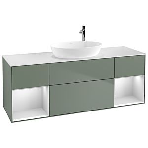 Villeroy und Boch Finion Waschtischunterschrank F981MTGM 160cm, Abdeckplatte white matt, Regale White matt lacquer, Olive Matt Lacquer