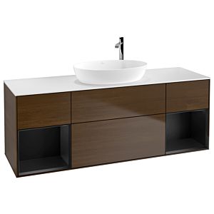 Villeroy und Boch Finion Waschtischunterschrank F981PDGN 160cm, Abdeckplatte white matt, Regale Black matt lacquer, Walnut veneer