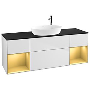 Villeroy und Boch Finion Waschtischunterschrank F982HFMT 160cm, Abdeckplatte black matt, Regale Gold matt lacquer, White matt lacquer