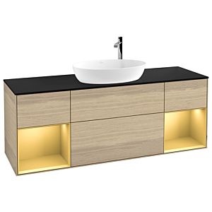 Villeroy und Boch Finion Waschtischunterschrank F982HFPC 160cm, Abdeckplatte black matt, Regale Gold matt lacquer, Oak Veneer