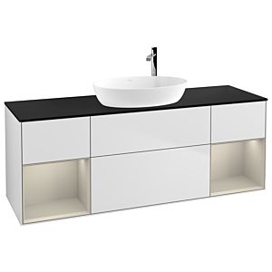 Villeroy und Boch Finion Waschtischunterschrank F982HHMT 160cm, Abdeckplatte black matt, Regale sand matt lacquer, White matt lacquer