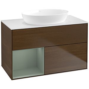 Villeroy und Boch Finion Waschtischunterschrank FA11GMGN 100cm, Abdeckplatte white matt, Regale Olive matt lacquer, Walnut veneer