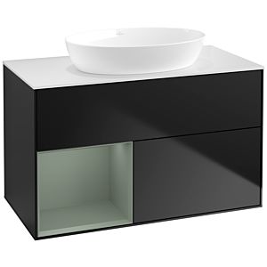 Villeroy und Boch Finion Waschtischunterschrank FA11GMPD 100cm, Abdeckplatte white matt, Regale Olive matt lacquer, Black matt lacquer
