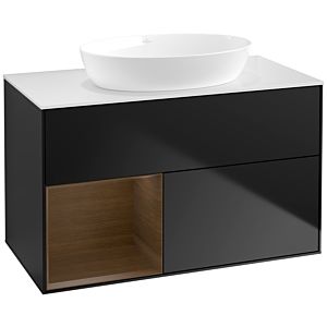 Villeroy und Boch Finion Waschtischunterschrank FA11GNPD 100cm, Abdeckplatte white matt, Regale Walnut Veneer, Black matt lacquer
