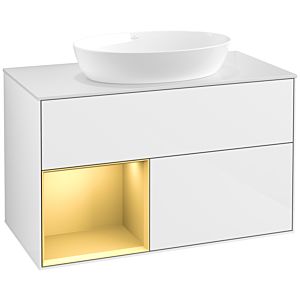 Villeroy und Boch Finion Waschtischunterschrank FA11HFGF 100cm, Abdeckplatte white matt, Regale Gold matt lacquer, Glossy white lacquer