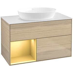 Villeroy und Boch Finion Waschtischunterschrank FA11HFPC 100cm, Abdeckplatte white matt, Regale Gold matt lacquer, Oak Veneer