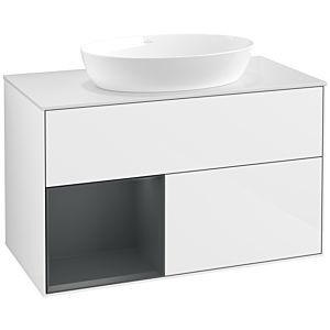 Villeroy und Boch Finion Waschtischunterschrank FA11HGGF 100cm, Abdeckplatte white matt, Regale Midnight matt lacquer, Glossy white lacquer
