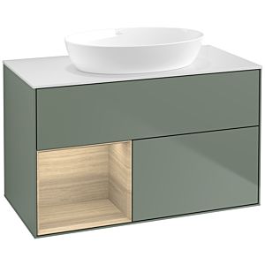 Villeroy et Boch Finion Villeroy et Boch FA11PCGM 100cm, plaque de recouvrement blanc mat, étagères Oak Veneer , Olive Matt Lacquer