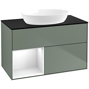 Villeroy et Boch Finion Villeroy et Boch FA12GFGM 100cm, plaque de recouvrement noir mat, étagères Laque blanche brillante, Olive Matt Lacquer