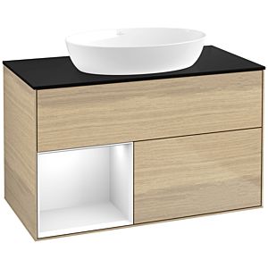 Villeroy et Boch Finion Villeroy et Boch FA12GFPC 100cm, plaque de recouvrement noir mat, étagères Laque blanche brillante, Oak Veneer