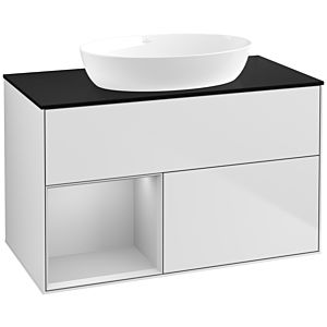 Villeroy und Boch Finion Waschtischunterschrank FA12GJMT 100cm, Abdeckplatte black matt, Regale Light grey matt lacquer, White matt lacquer