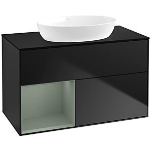 Villeroy und Boch Finion Waschtischunterschrank FA12GMPD 100cm, Abdeckplatte black matt, Regale Olive matt lacquer, Black matt lacquer