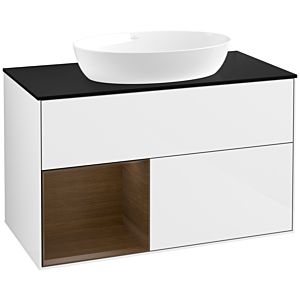 Villeroy und Boch Finion Waschtischunterschrank FA12GNGF 100cm, Abdeckplatte black matt, Regale Walnut Veneer, Glossy white lacquer