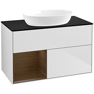 Villeroy und Boch Finion Waschtischunterschrank FA12GNMT 100cm, Abdeckplatte black matt, Regale Walnut Veneer, White matt lacquer